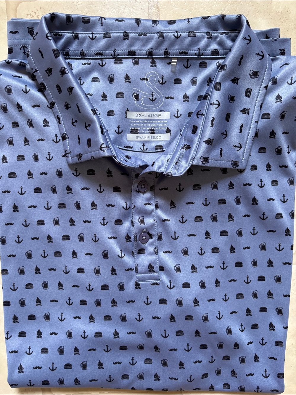 Swannies | Mustache Burger Anchor Fire Beer Button Up Golf Polo Men’s 2XL EUC